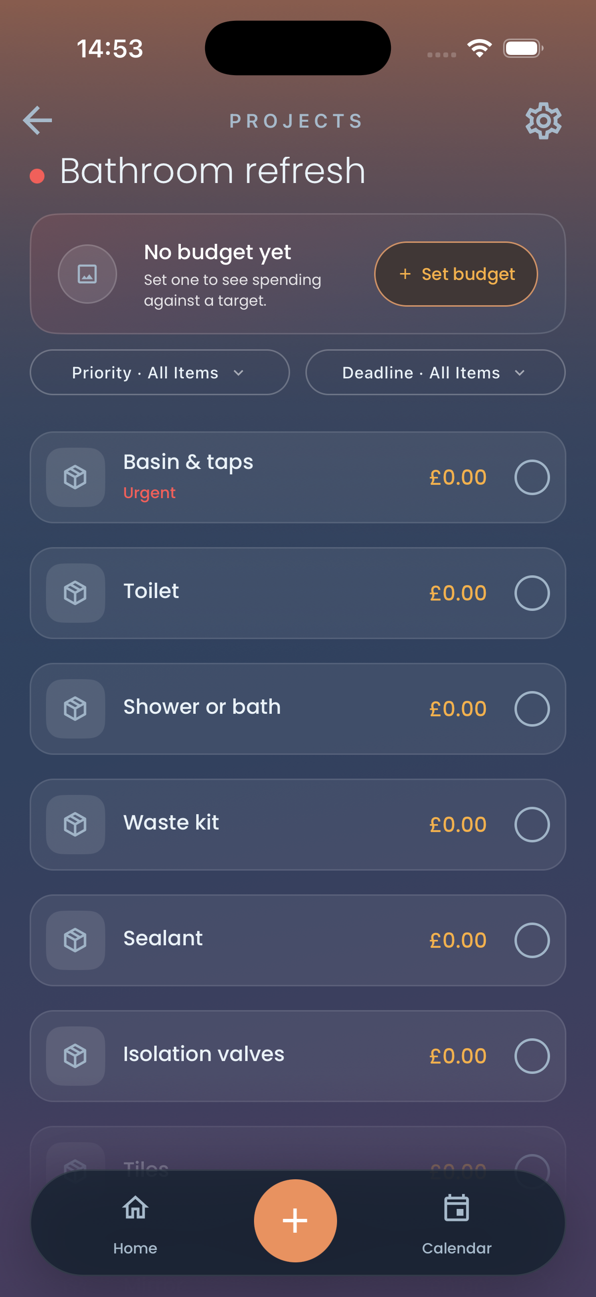 The created “Bathroom refresh” project, with its budget and filter controls followed by checklist rows including Basin & taps, Toilet, Shower or bath, Waste kit, Sealant, Isolation valves.
