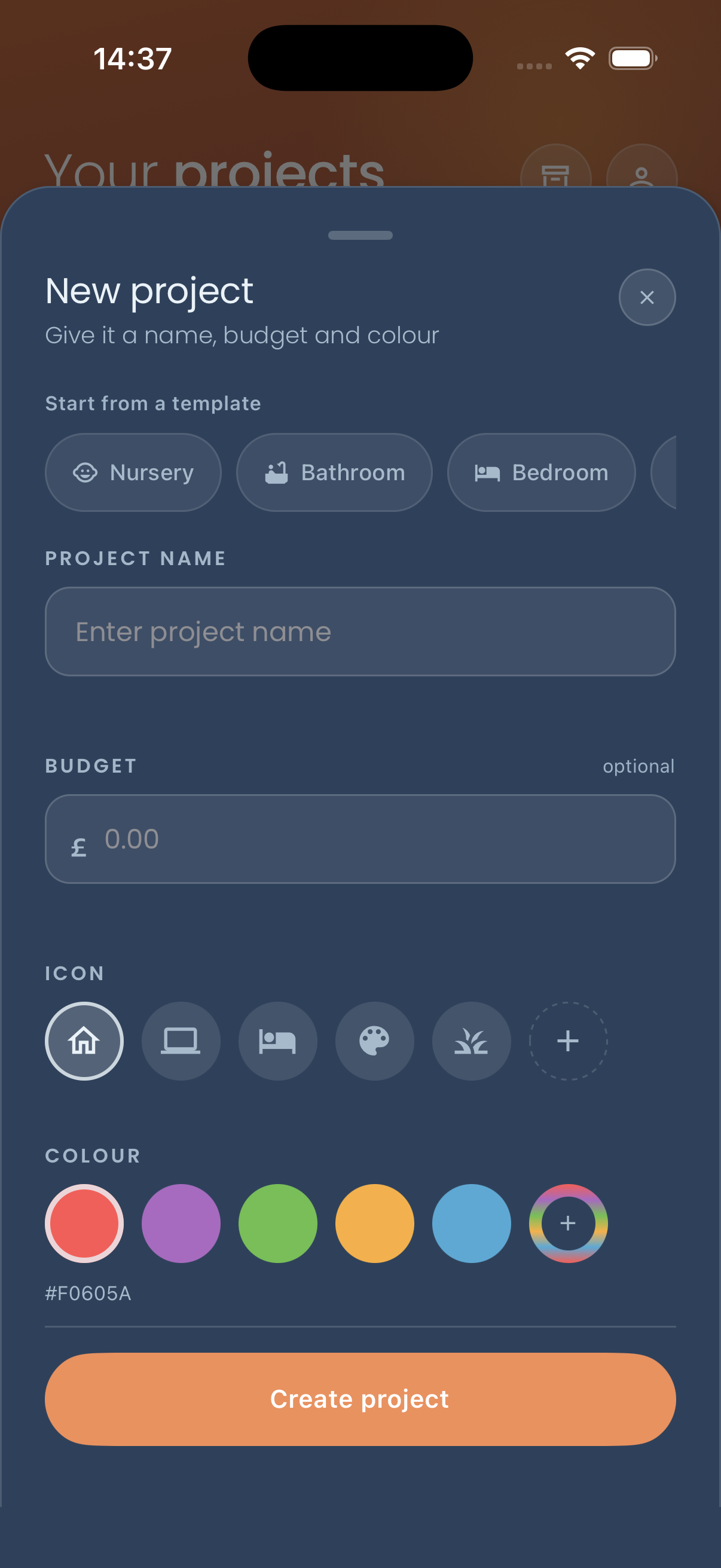 The Plannli “New project” sheet, with the “Start from a template” row above the project name, budget, icon and colour controls.