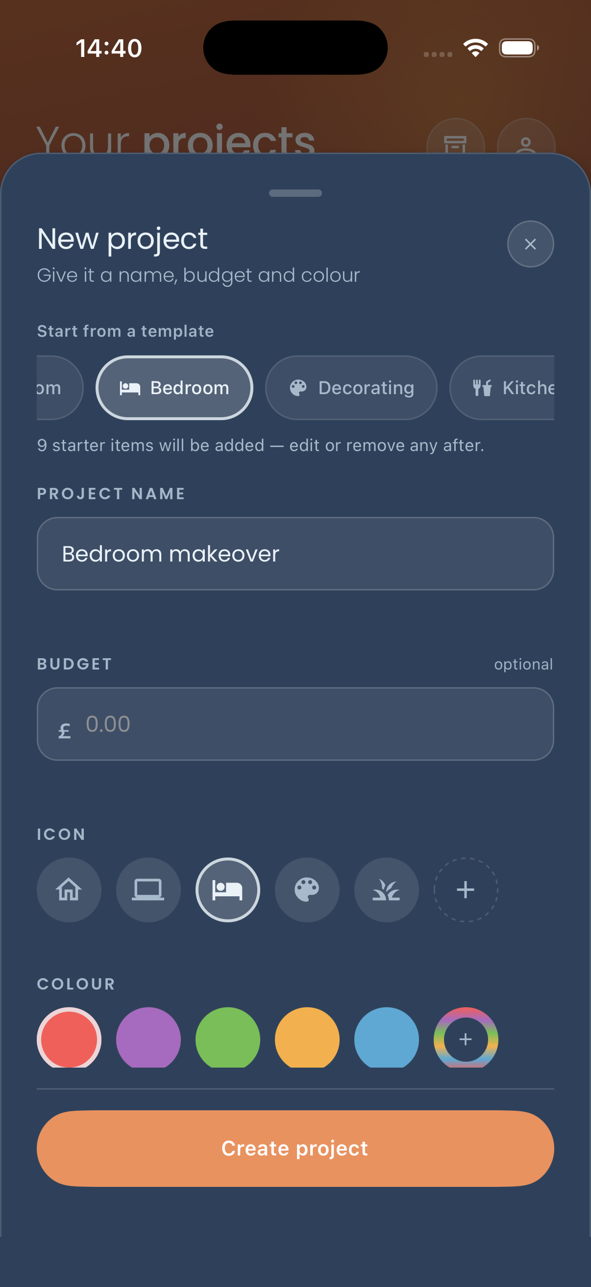 The “New project” sheet with the “Bedroom” template selected, 9 starter items ready to be added, and the project name pre-filled as “Bedroom makeover”.
