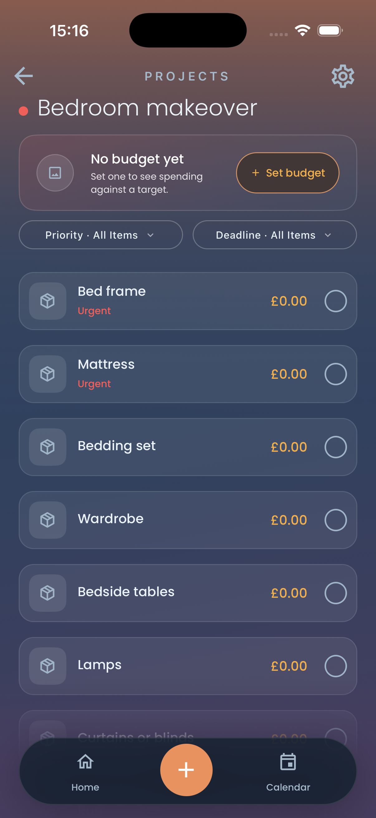 The created “Bedroom makeover” project, with its budget and filter controls followed by checklist rows including Bed frame, Mattress, Bedding set, Wardrobe, Bedside tables, Lamps.