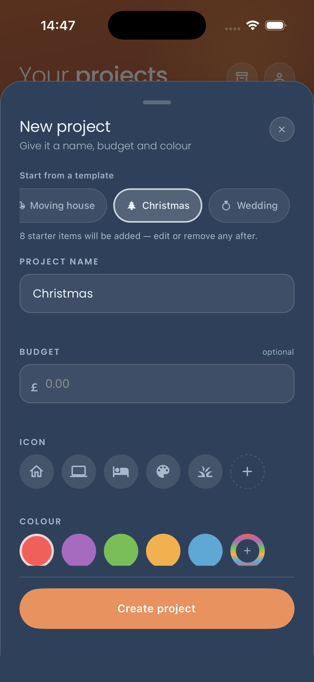 The “New project” sheet with the “Christmas” template selected, 8 starter items ready to be added, and the project name pre-filled as “Christmas”.