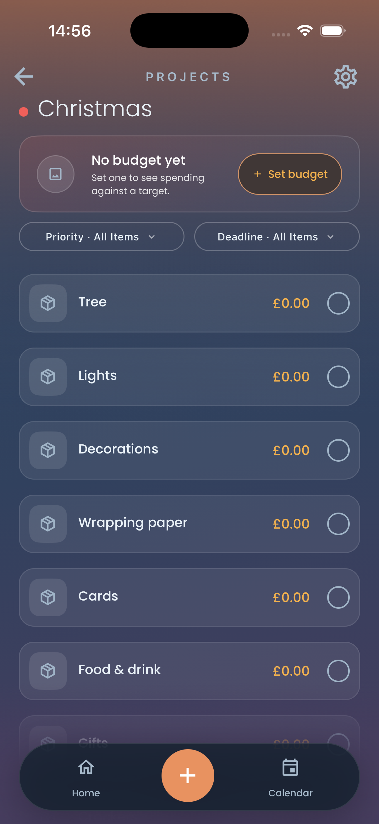 The created “Christmas” project, with its budget and filter controls followed by checklist rows including Tree, Lights, Decorations, Wrapping paper, Cards, Food & drink.