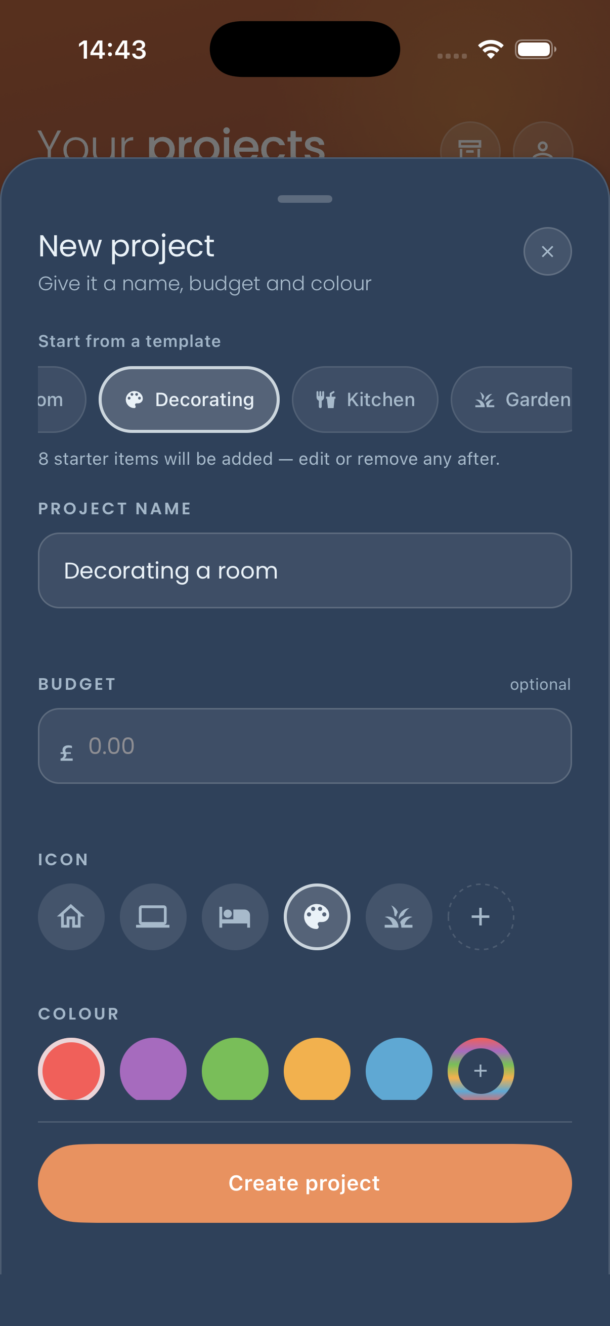The “New project” sheet with the “Decorating” template selected, 8 starter items ready to be added, and the project name pre-filled as “Decorating a room”.
