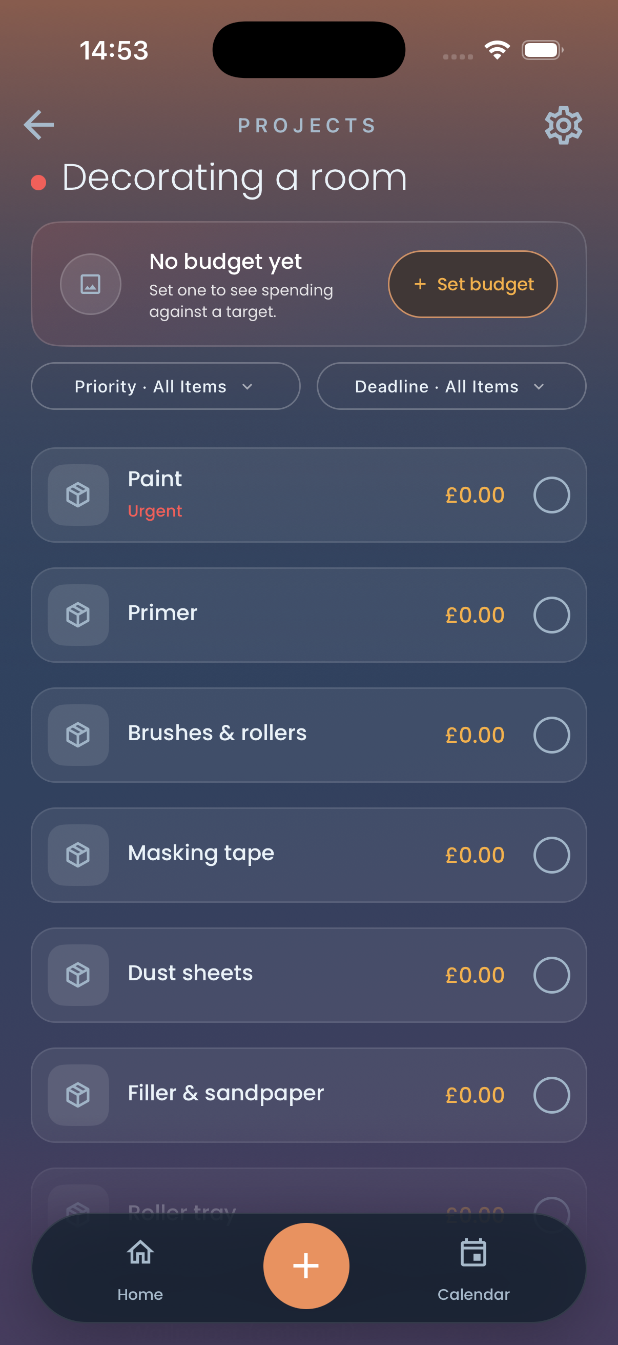 The created “Decorating a room” project, with its budget and filter controls followed by checklist rows including Paint, Primer, Brushes & rollers, Masking tape, Dust sheets, Filler & sandpaper.