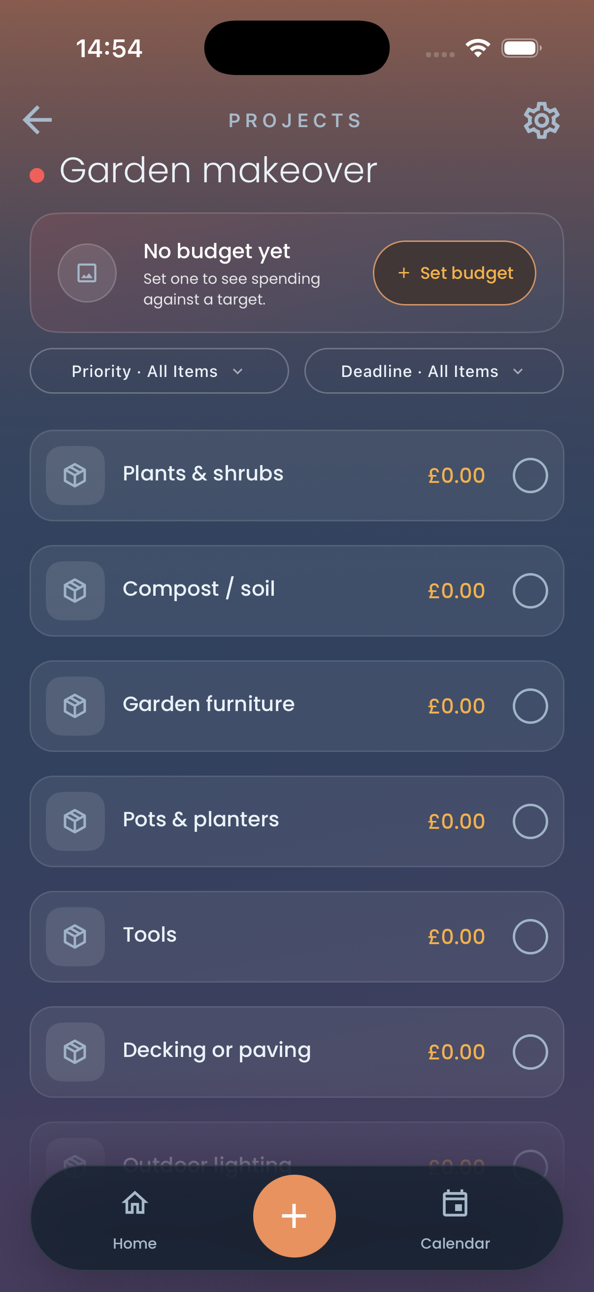 The created “Garden makeover” project, with its budget and filter controls followed by checklist rows including Plants & shrubs, Compost / soil, Garden furniture, Pots & planters, Tools, Decking or paving.