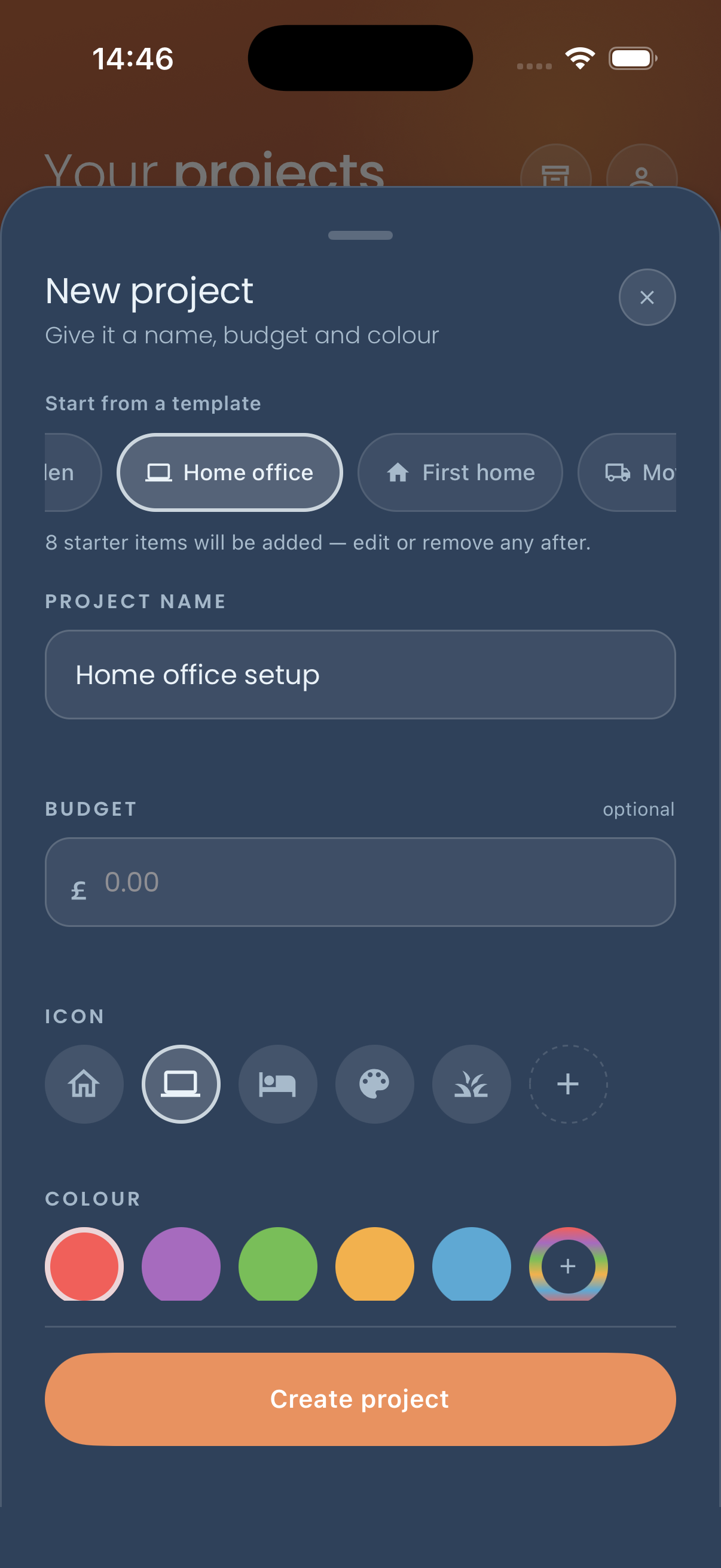 The “New project” sheet with the “Home office” template selected, 8 starter items ready to be added, and the project name pre-filled as “Home office setup”.