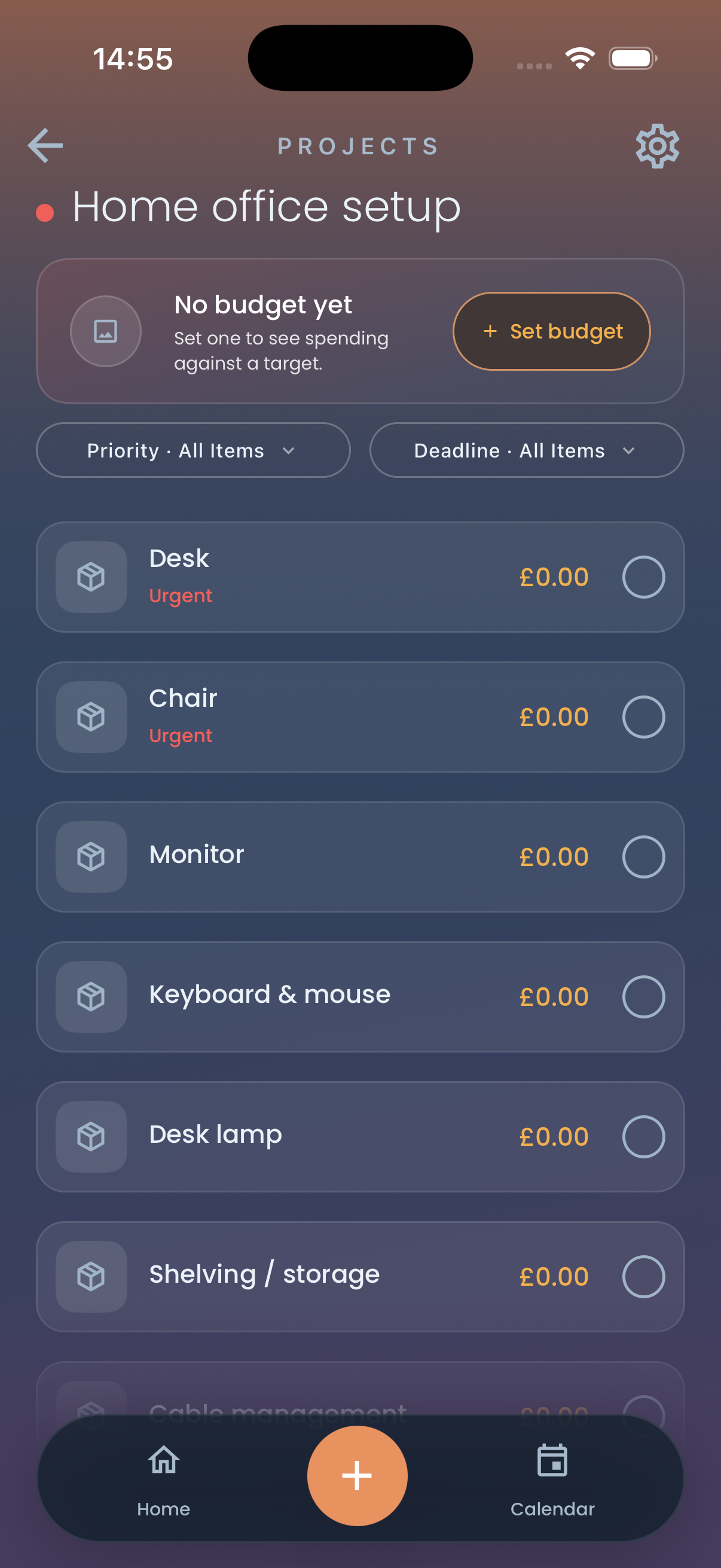 The created “Home office setup” project, with its budget and filter controls followed by checklist rows including Desk, Chair, Monitor, Keyboard & mouse, Desk lamp, Shelving / storage.