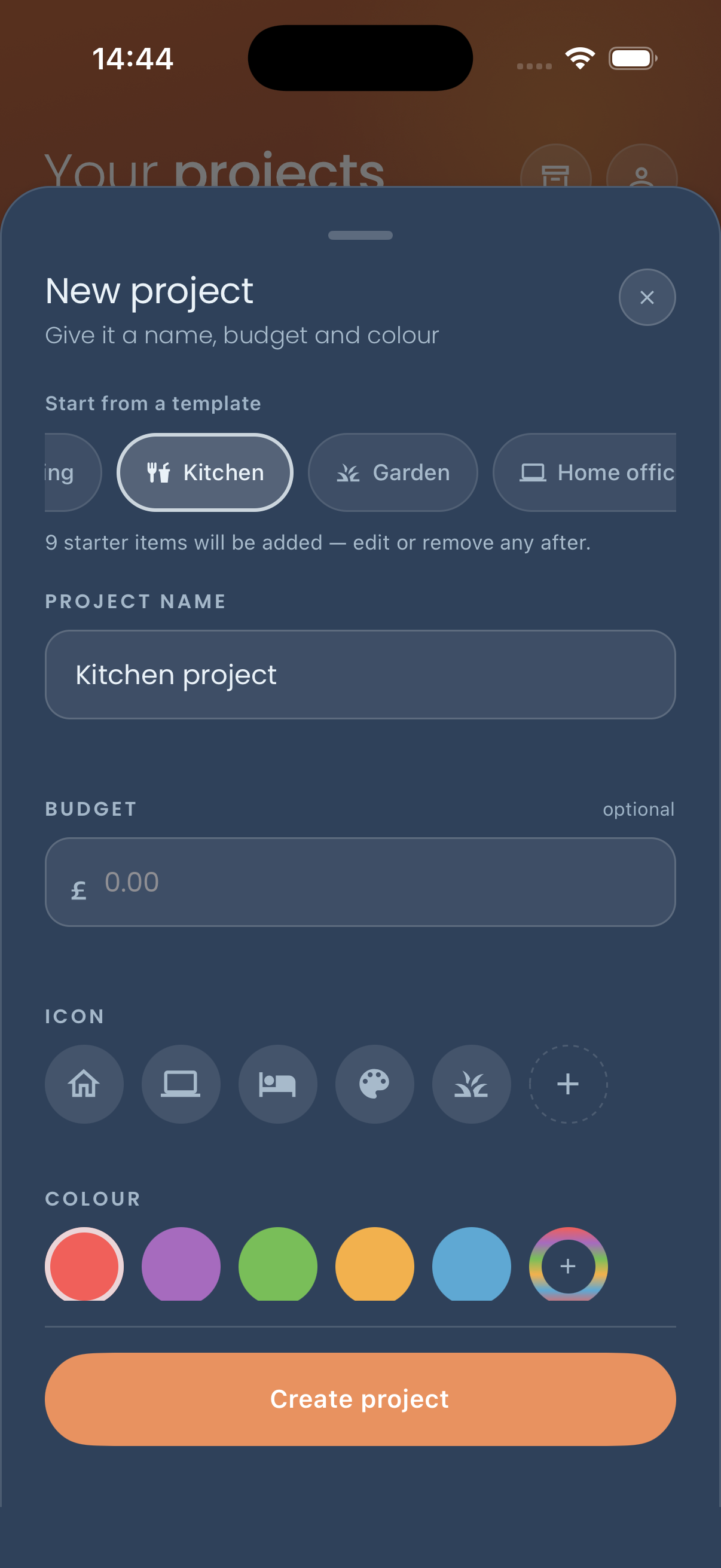 The “New project” sheet with the “Kitchen” template selected, 9 starter items ready to be added, and the project name pre-filled as “Kitchen project”.
