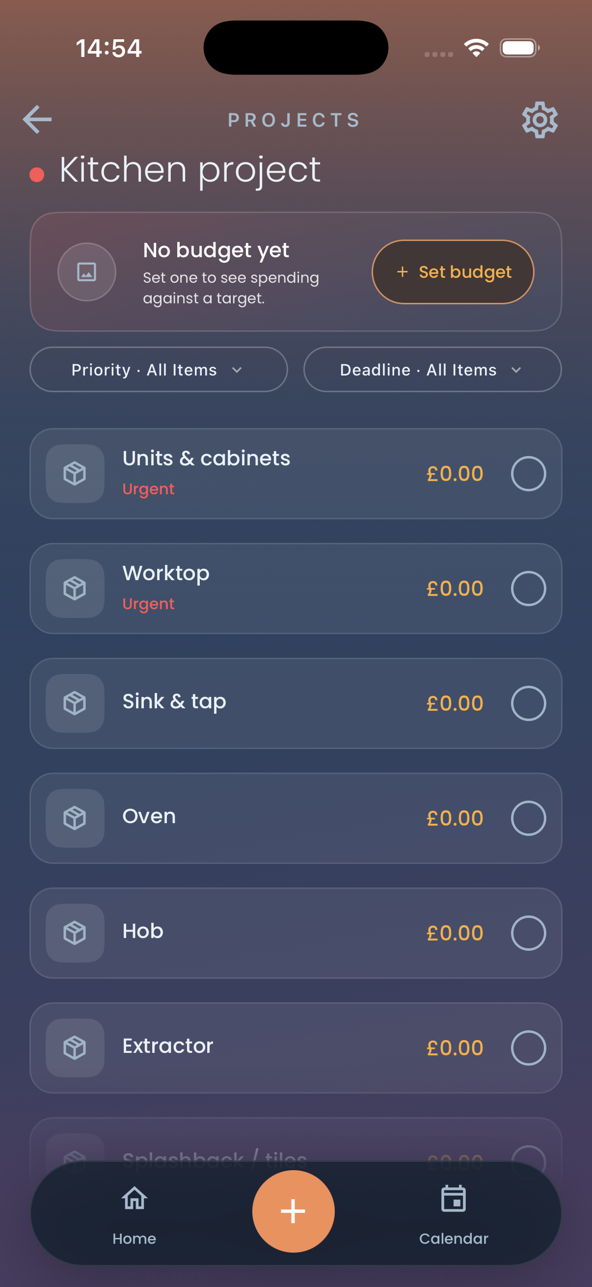 The created “Kitchen project” project, with its budget and filter controls followed by checklist rows including Units & cabinets, Worktop, Sink & tap, Oven, Hob, Extractor.