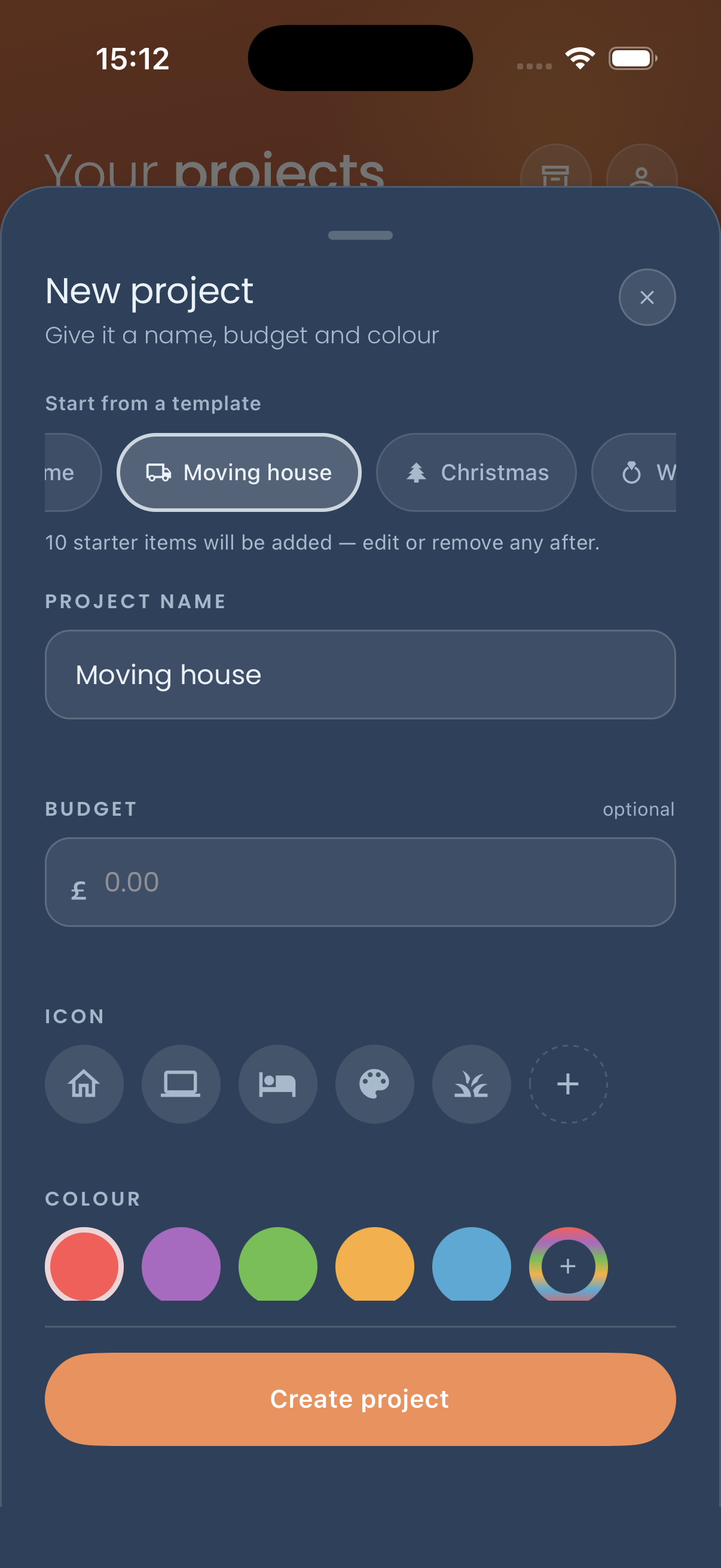 The “New project” sheet with the “Moving house” template selected, 10 starter items ready to be added, and the project name pre-filled as “Moving house”.