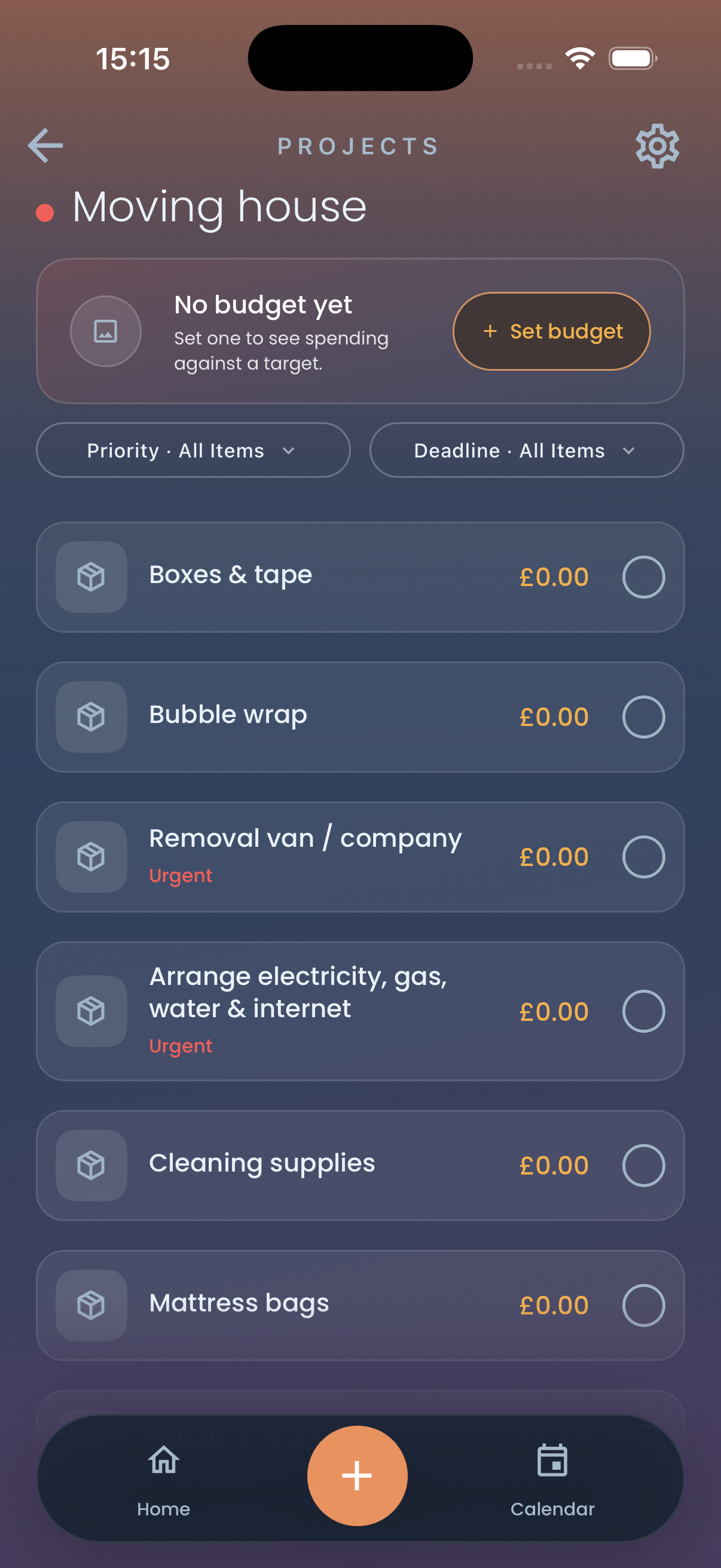 The created “Moving house” project, with its budget and filter controls followed by checklist rows including Boxes & tape, Bubble wrap, Removal van / company, Arrange electricity, gas, water & internet, Cleaning supplies, Mattress bags.