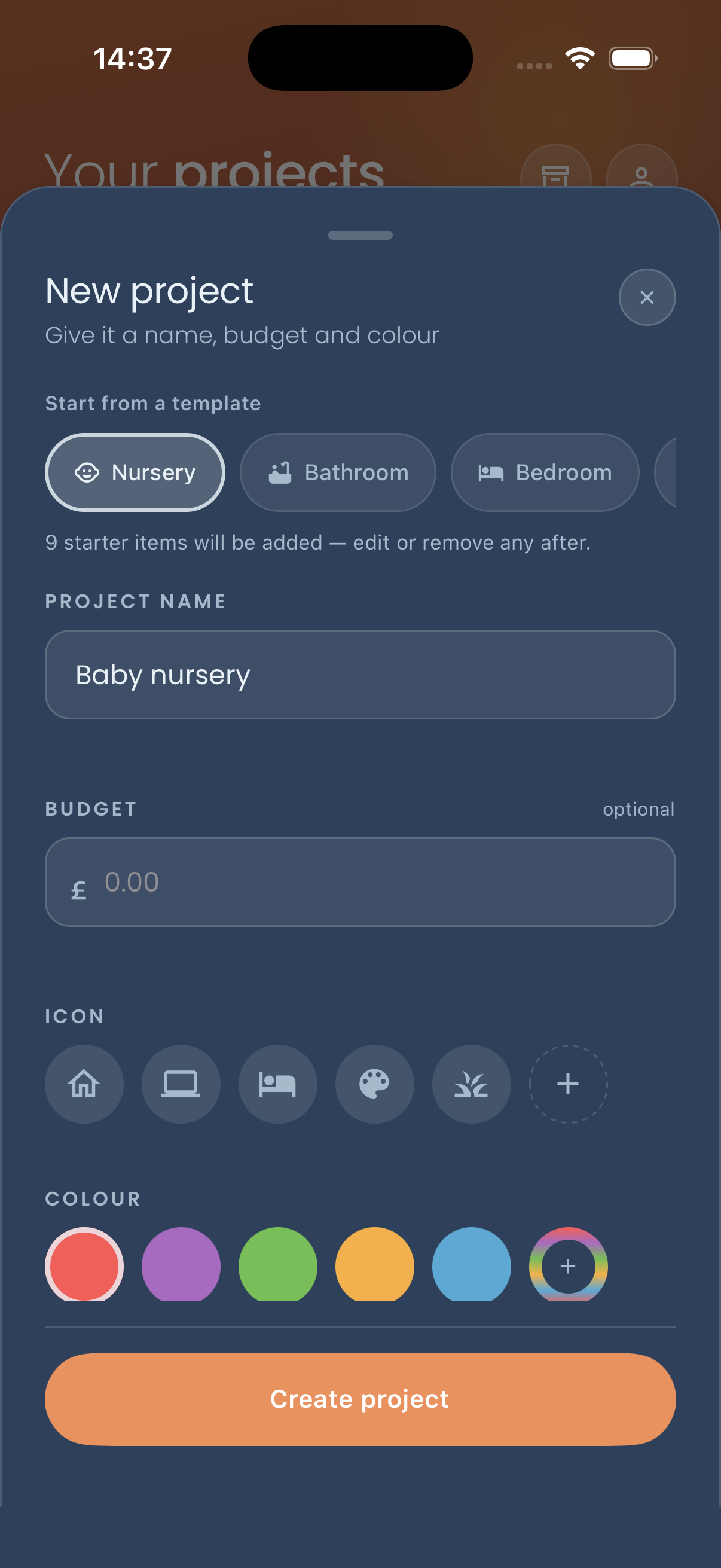 The “New project” sheet with the “Nursery” template selected, 9 starter items ready to be added, and the project name pre-filled as “Baby nursery”.