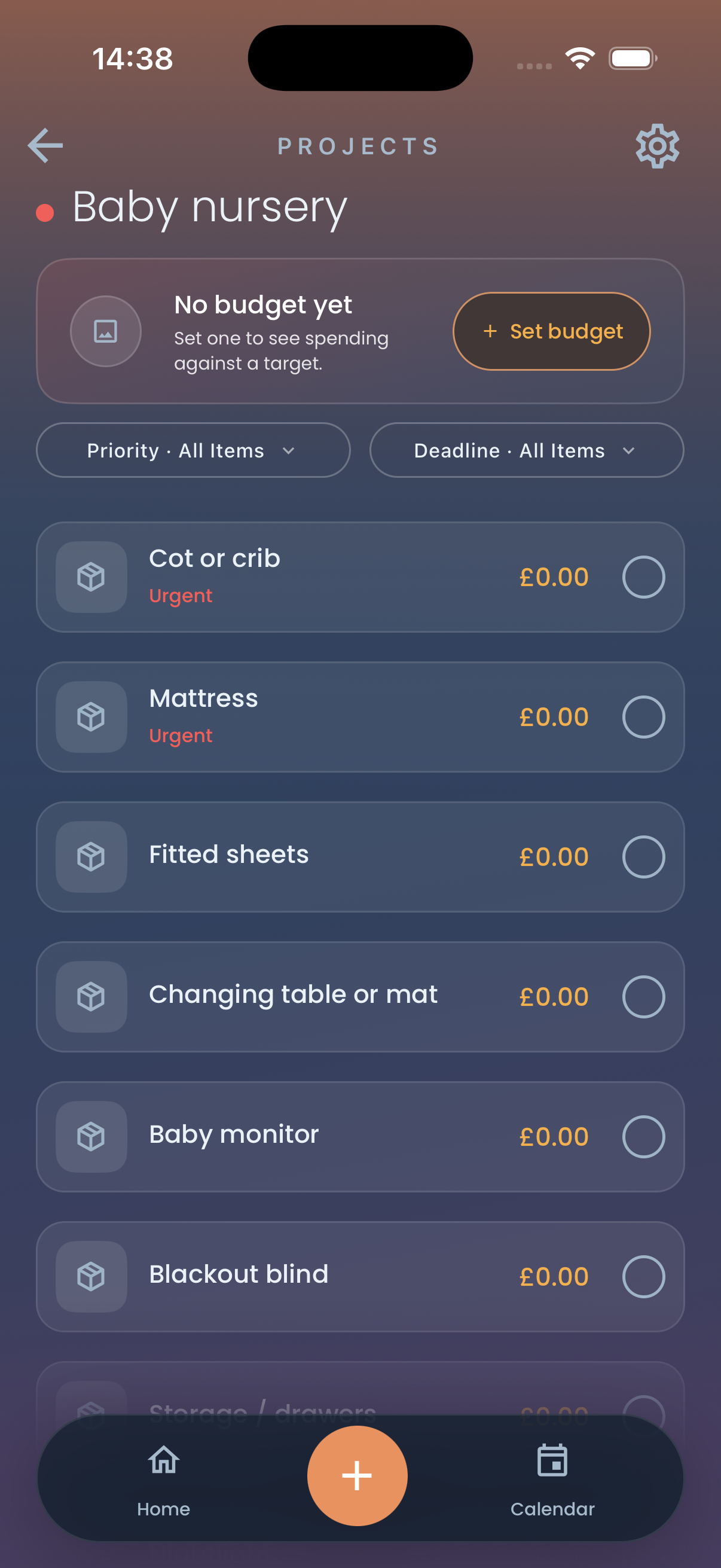 The created “Baby nursery” project, with its budget and filter controls followed by checklist rows including Cot or crib, Mattress, Fitted sheets, Changing table or mat, Baby monitor, Blackout blind.
