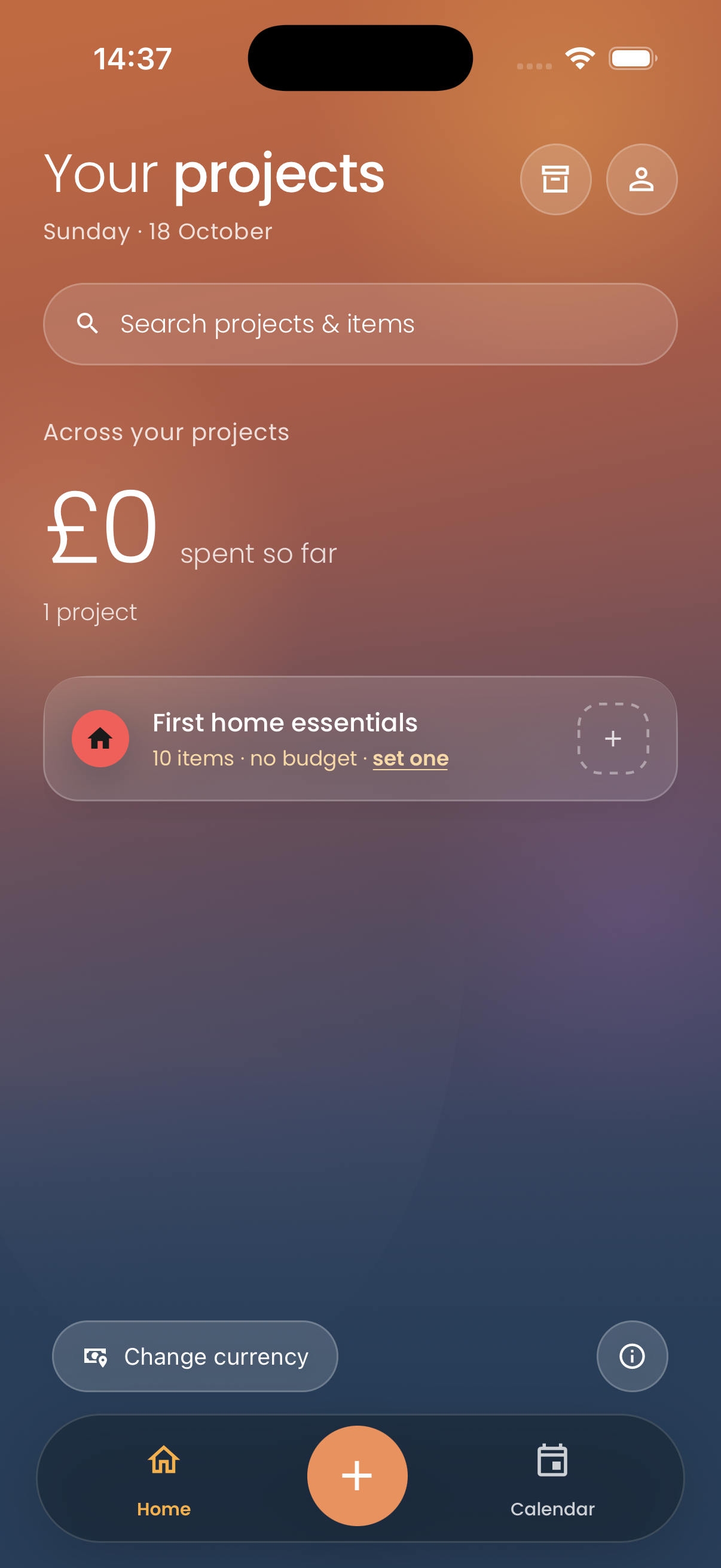 The Plannli dashboard headed “Your projects”, showing the “First home essentials” project card and the orange + control in the centre of the tab bar.