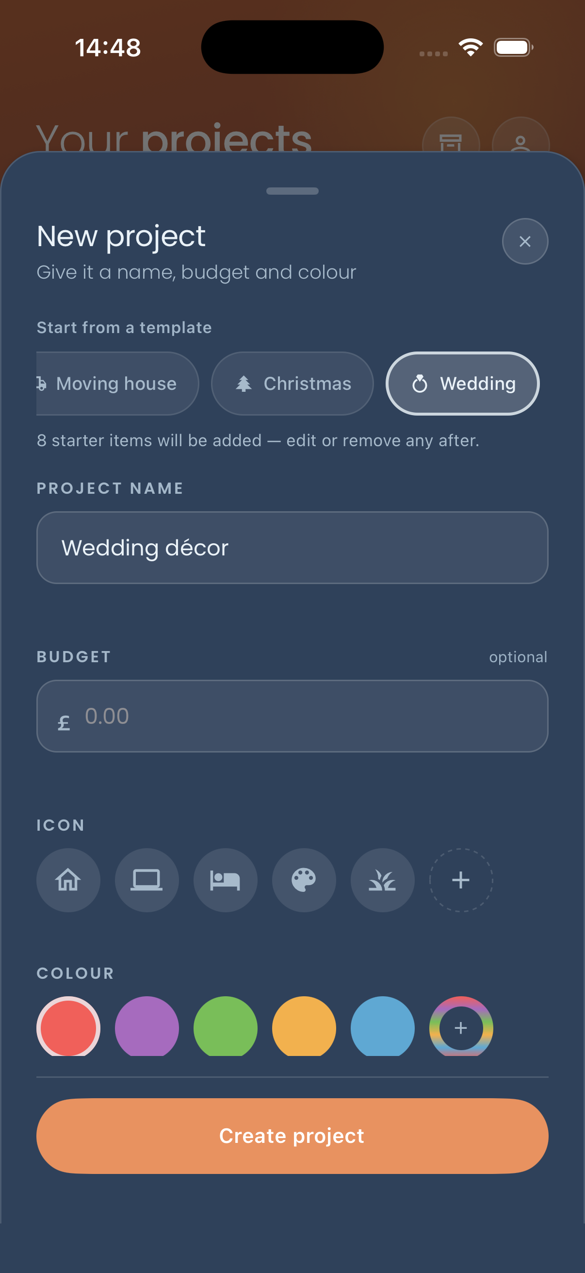 The “New project” sheet with the “Wedding” template selected, 8 starter items ready to be added, and the project name pre-filled as “Wedding décor”.