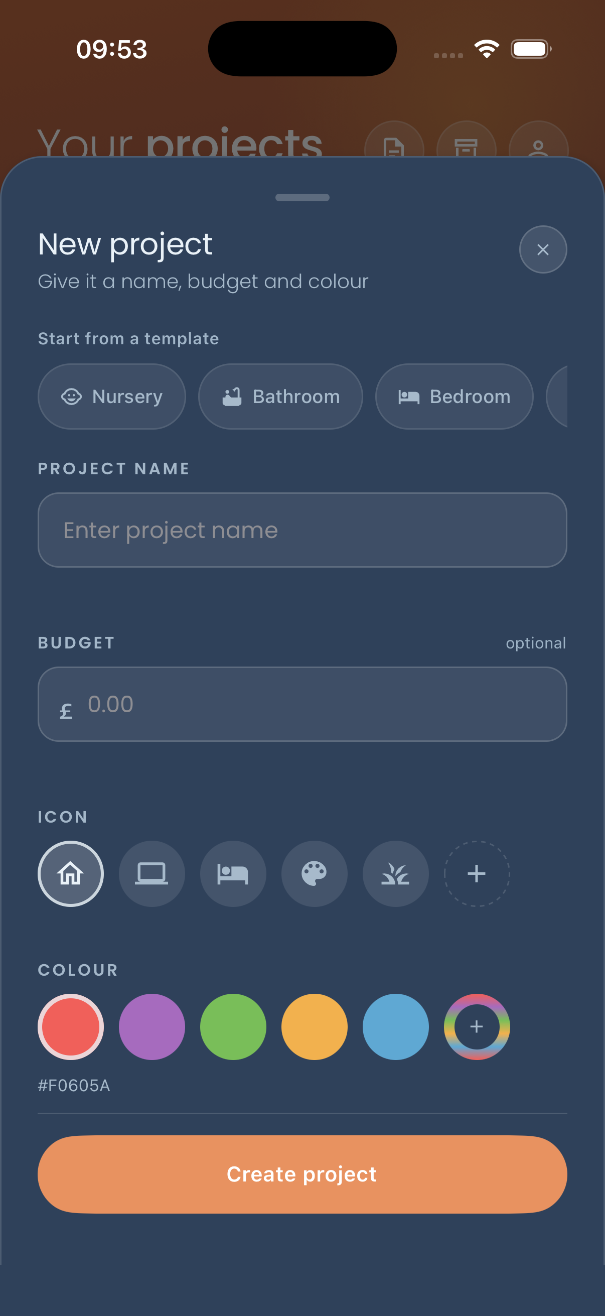 The “New project” sheet, with a “Start from a template” row showing the Nursery, Bathroom and Bedroom chips, an empty “Project name” field, an optional budget, icon and colour pickers, and a “Create project” button.