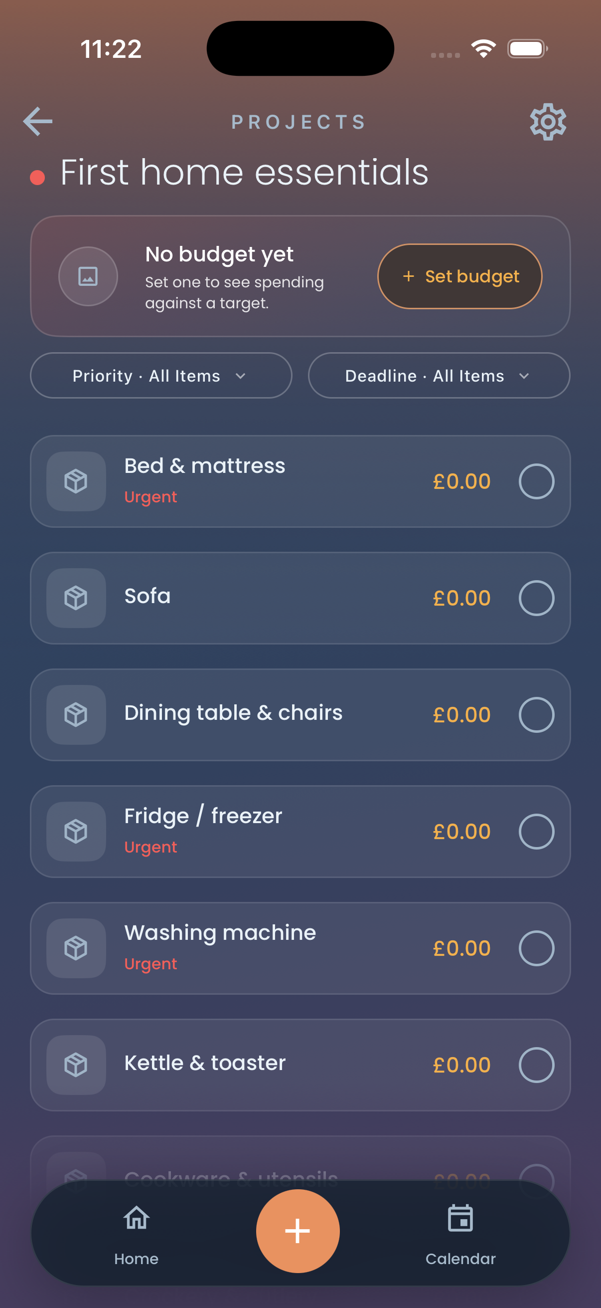 The created “First home essentials” project, headed by a “No budget yet” card with a “Set budget” button, then “Priority · All Items” and “Deadline · All Items” filters, then the checklist rows — Bed & mattress, Sofa, Dining table & chairs, Fridge / freezer, Washing machine and Kettle & toaster — each with an empty completion circle, and Bed & mattress, Fridge / freezer and Washing machine marked Urgent.